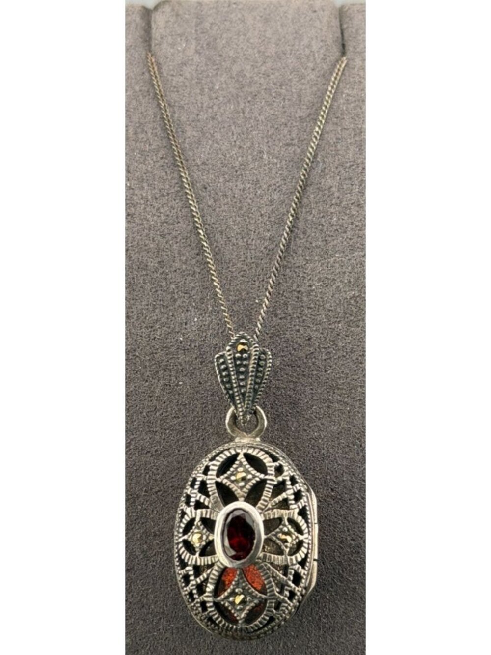 Vintage Sterling Silver Locket Necklace Garnet Marcasite Oval Deco Style 18"